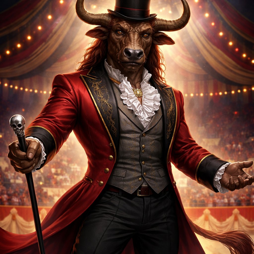 A captivating chestnut brown male Minotaur that’s 6 1/2 feet tall with well~proportioned figure/body with deep set cattle like brown eyes, large powerful gleaming horns like his fathers, a long tail. He works at freak show as the ringmaster and his abilities are Reality Rejection, Time Manipulation (Chronokineses), Zoolingualism (Language of Cattle only), Human Speech. His outfit consists of a crimson tailcoat, frilly shirt, stunning grey blazer, black pants and top hat. His face surely looks like a cross between a human and a Cretan Cattle. His mother is a human with half-animal (Cretan Cattle) physiology and his father is a Cretan Bull.