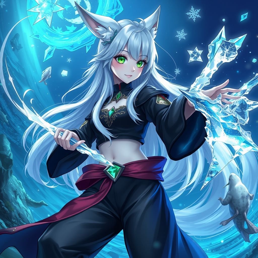 A teenage girl with pale skin and emerald eyes wearing black royal top and trousers with long white hair and small fox ears conducting ice in the depths of the ocean