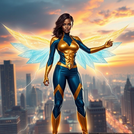 African American female superhero with neck length hair in a side part style wearing a leather gold blue and white suit with blue pants and gold boots with a stylized V as her chest emblem and lightning wings standing in a city at dawn