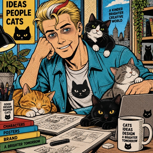 Male, blonde greased brushed back hair, curl on forehead, red streak in hair, scar on lip, blue eyes, eye bags, happy, slim, designer, cyan casual clothes, multiple cats