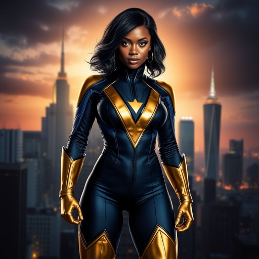 African American female superhero with hair  in a shoulder length side part hairstyle with pure Gold Glowing eyes wearing  a black blue and gold accented suit with navy blue pants and gold knee length boots with a V with the top half gold and the bottom half black as her chest emblem in Philadelphia 