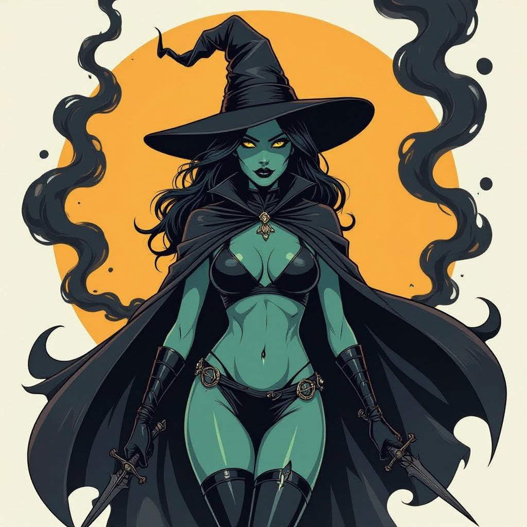 sexy shadow demon witch gypsy slate grey skin large black billowing cloak that emits darkness and shadow smoke. Two piece. Witches Hat. Wields Black Evil Shadow Smoke Daggers