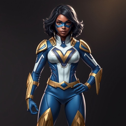 A teenage African American female with shoulder length curly hair  in a side part style superhero  wearing a MASK and a slightly armored white and blue suit with blue pants gold accents and a stylized V as her chest emblem a utility belt and gold boots