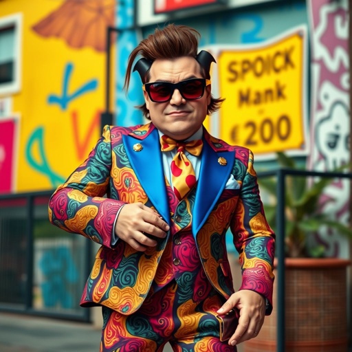 Create a funny arrogant character , showing him head to toe like his whole outfit 