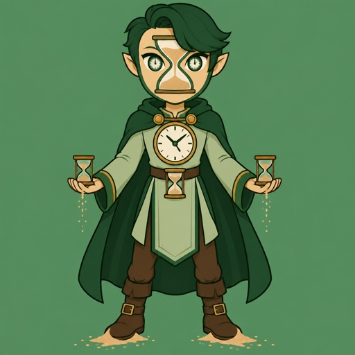 man of time,body shape hourglass,dark green hair right side swooped down and longer,Sand colored skin,no nose or mouth,has a thick medium color green lining around his face and one big hourglass lining inside face connected to the outside lining ,pointy ears,eyes green and the pupils look like clock in his waist hands,has small hourglass and sand,his chest has a big clock on it,wearing a light green tunic,dark green no sleeve cloak brown pants and boots sand coming from feet 