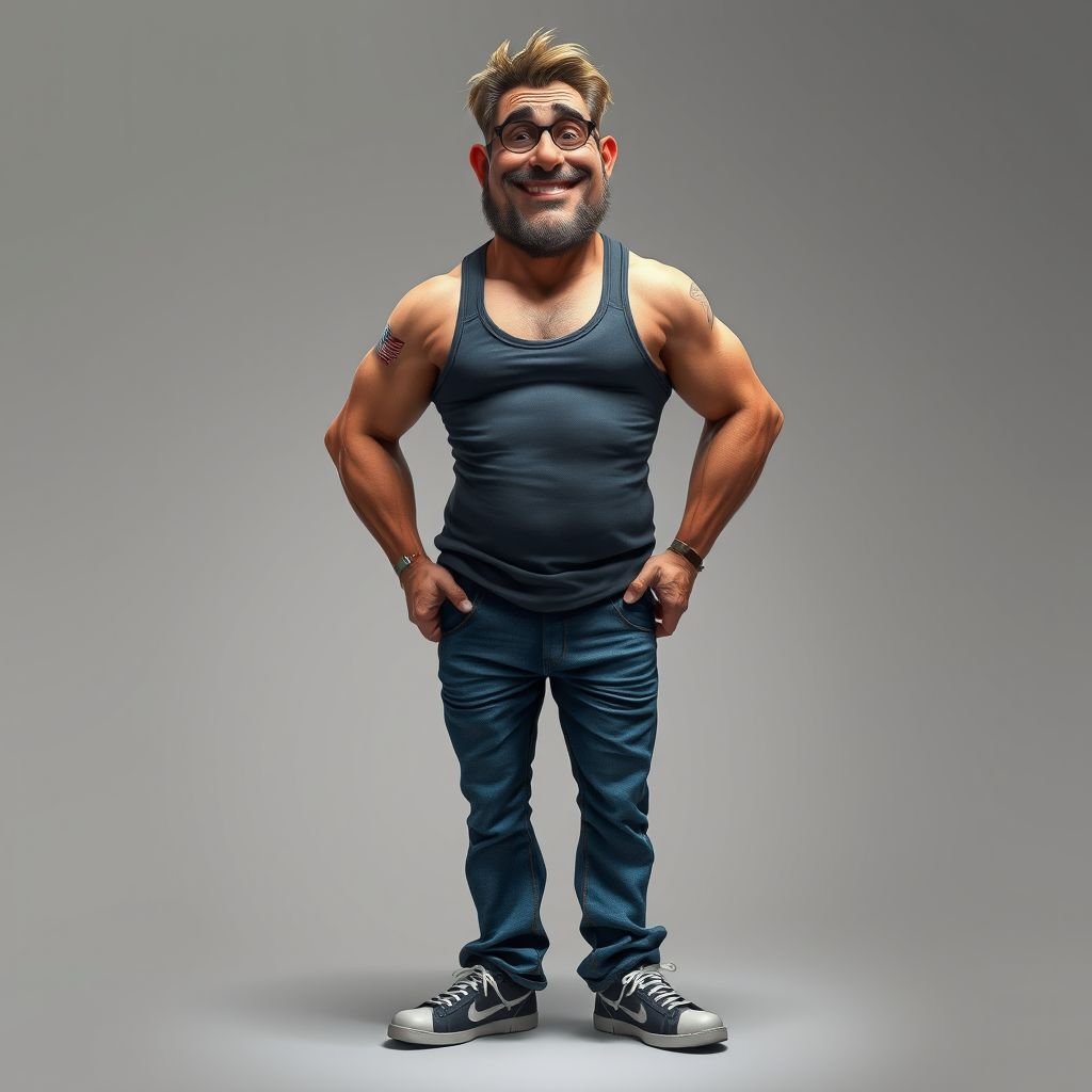 Create a funny looking man who’s jeans and tank top is so tight head to toe