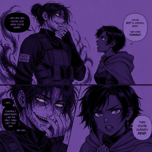 Anime style, Agent Ward a male, made in a secret lab to be best weapon and good at everything, highly skilled, be kept in check, emergency backup case he gets out of control, his hair messy bun color violet, clean shaven, yellow night vision eyes, sharp teeth, dark power energy from experiment, tired, tall, eyes sensitive to light, dangerous, intimidating, laugh like a maniac, cares about partner ruby rose she's dark skin serious plays by rules firm,them standing together ruby arguing to wards "stop being intimidating you're going to our suspect a hart attack!" Ward says "job goes faster" starts giggling, ruby warn ward " if you can't take this seriously I'll have to have you go in your room" ward sad expression says"i don't want that" ruby "ok let's do this I have somewhere to be " as a comic
