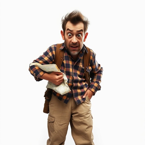 Create a funny looking paranoid man in the world, with a not so stylish outfit head to toe