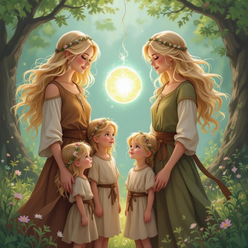 Twin women’s with blond hair and their two sets of twin children 