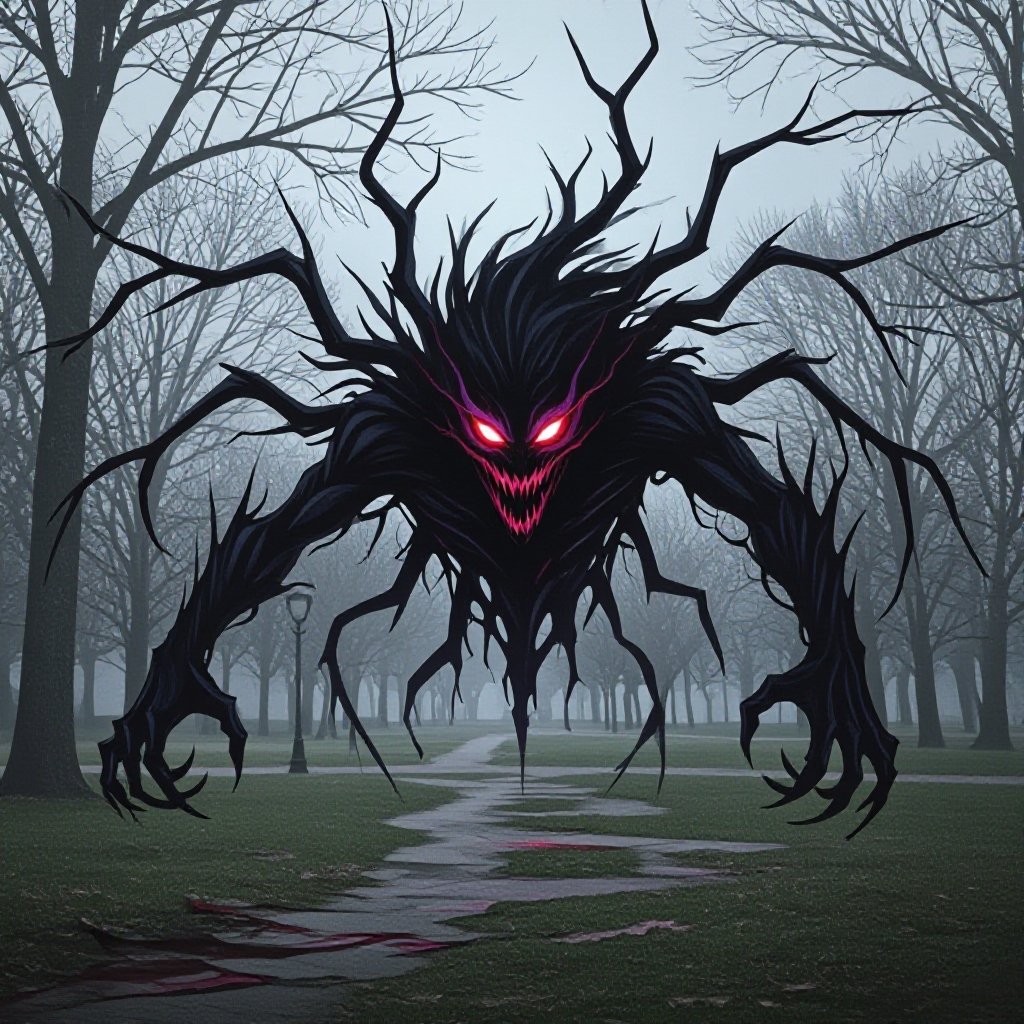 Shadow realm villain: A being of pure darkness with glowing red and purple
eyes, emerging from a tear in reality. Tendrils of shadow reach out to corrupt the surrounding area. Standing in a once-peaceful park that's now wilting and greying around them.