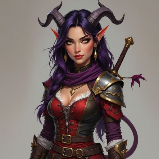 Larissa is a teething bard with a sage background. She has medium armor uses a short sword. She’s about 5 foot 10 has black purple hair with a single silver streak on the left side. She has gold eyes. She likes leather, red and copper. Her skin is brown. Her horns are small and she wraps her hair around them to hide her horns. She has a thick agile tiefling tail