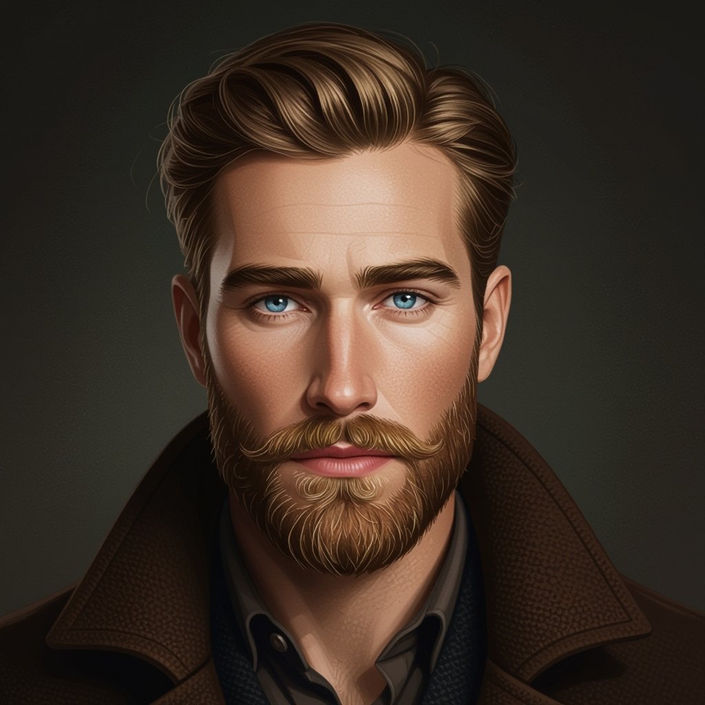 be a man with fair skin and light brown hair that is styled neatly, swept back from his face. He has a full beard and mustache, also light brown with a touch of gold. His eyes are blue and set beneath expressive brows, giving him a thoughtful or slightly serious expression. He’s wearing a dark shirt under a brown coat with a dark collar, and the lighting is soft, highlighting the contours of his face against a dark background. The overall look is polished and introspective, with a classic, slightly rugged appeal.