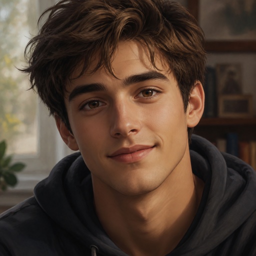 Young man. Brown hair. Brown eyes. Kind face. No facial hair. Soft smile. 