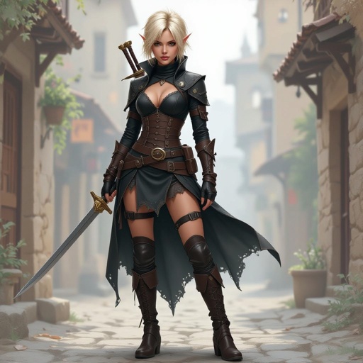Blonde pixie cut Female High Elf Rogue Assassin in Black and Brown Shear Lace & Leathers and Skirt ripped and torn