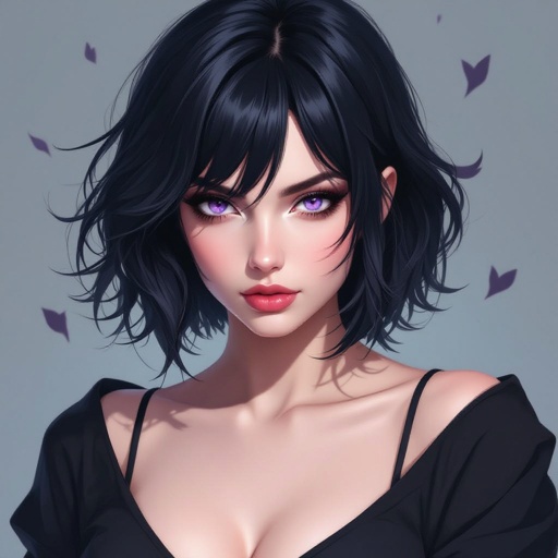 Create chunky mysterious woman jet-black hair is cut sharp to her jawline, and her violet eyes seem to pierce through darkness. A shadowy aura clings to her form, faint shapes shifting and flickering behind her like whispers of another realm.