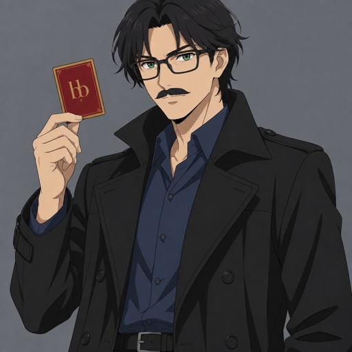 Male, green eyes, mustache, neck length black hair, neat hair, black glasses, holding a red  and gold card that has two b’s on it , black trench coat, blue shirt, standing