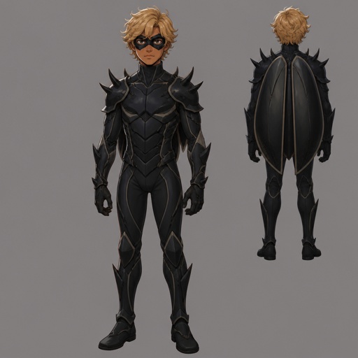 Male superhero, fourteen, beetle powers, cool suit, black color pallet, blonde wavy hair, mask, freckles, tan, spikes, beetle wings closed