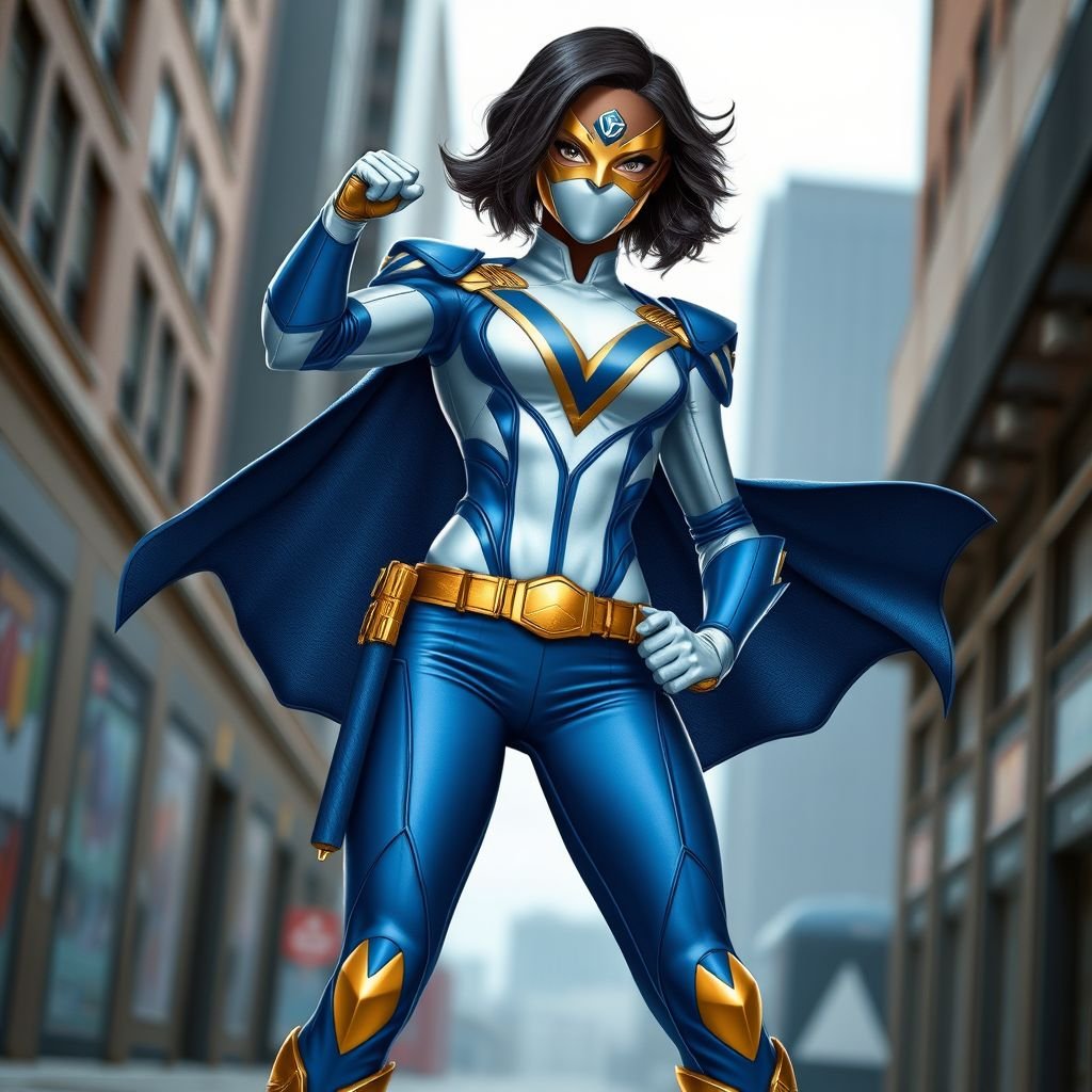 A teenage African American female with shoulder length curly hair  in a side part style superhero  wearing a  DOMINO MASK and a professionally made slightly armored white and blue suit with blue pants gold accents and a stylized V as her chest emblem a utility belt and gold boots