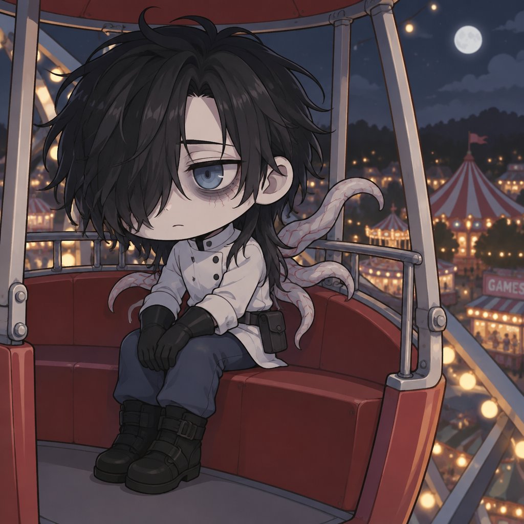 Male, black messy greasy hair, thin shoulder length hair in the back, long hair in the front covering one eye, blue eyes, eye bags, veins under eyes, pale tendrils coming out of back with veins, blue pants, boots, black rubber gloves, short scientist jacket buttoned up, belt with pouch, at a fair alone on the Ferris wheel