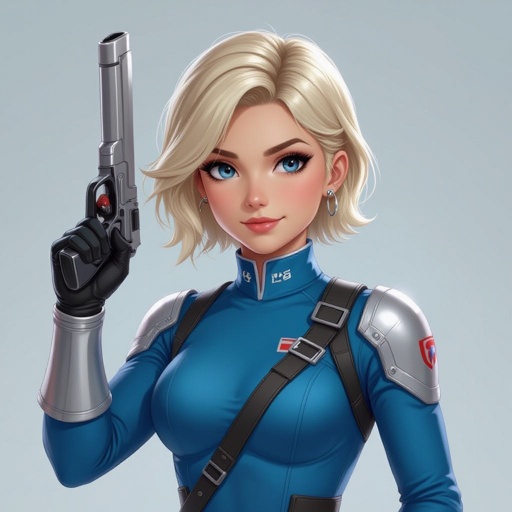 Blonde short hair with training outfit on and a hand weapon