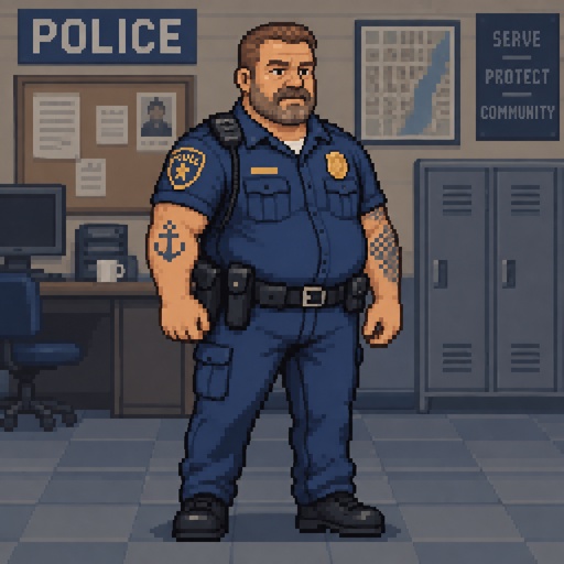 Male, muscular arms, belly, police uniform, arm tattoos, short brown hair, beard, mid 50s, 