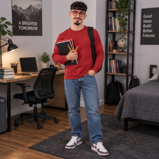 Student Boy Pencils Mustache Standard Goatee Red Glasses Black French Crop with Texture Hair Nike Long Sleeve Shirt Jeans Shoes