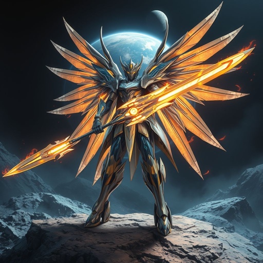 A blue white and gold feminine built mech with a giant flaming sword and metal wings standing on the moon with the earth in the background 