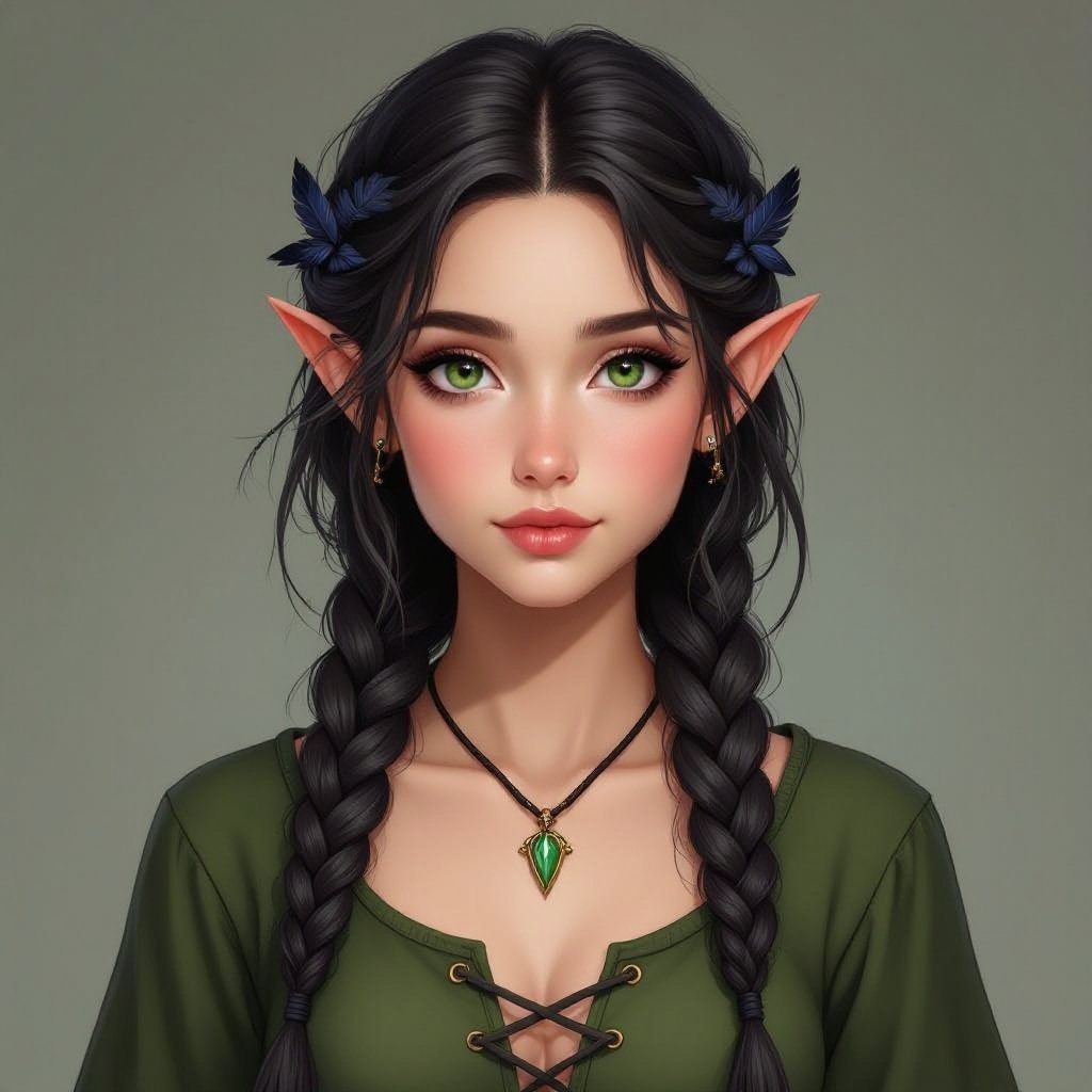 21 year old girl, half elf half Druid dark hair with black raven feathers throughout her hair sporadically but her hair is in messy braids she’s only about 5’2 and her outfit is green