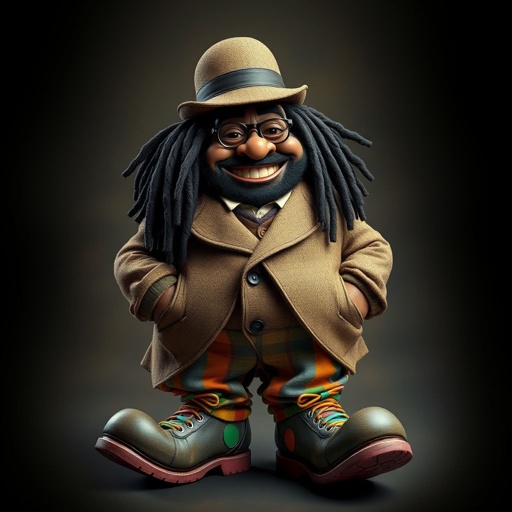 Create a funny fat character similar to Sherlock Holmes, but make him of black decent and with dread locks. Show his whole outfit including his shoes.