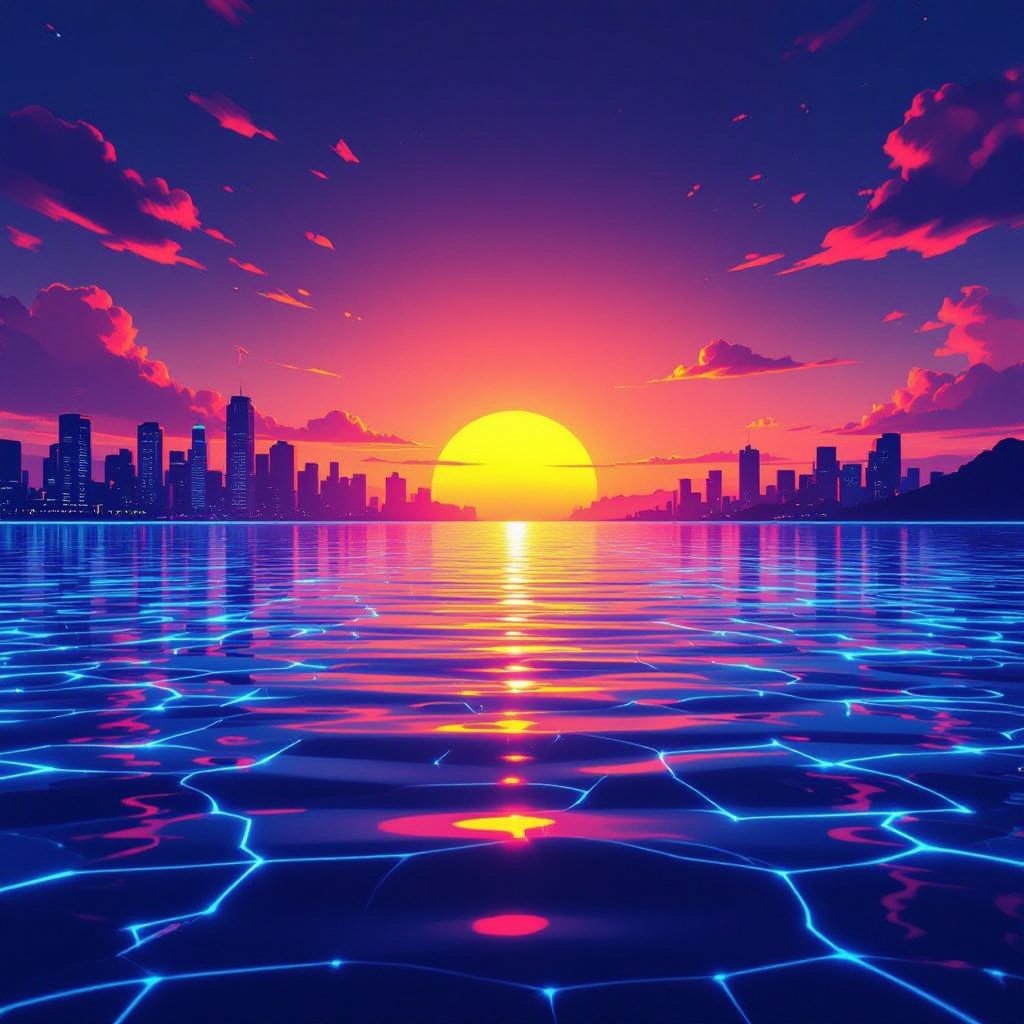 A nice beautiful beach with the sunset and water looking beautiful with city lights in the back