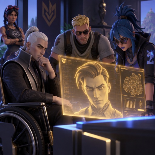 Kado Thorne from Fortnite medium length white back hair,bun, pale skin, in a wheelchair, jones from Fortnite stubble and sunglasses, hope from Fortnite all looking at a holographic screen with Midas from Fortnite’s face on it, Jules from Fortnite in the background arms crossed
