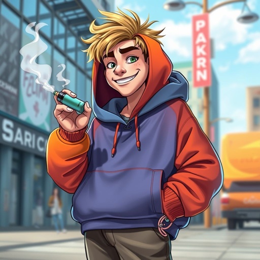 Create a funny cocky character named vaping Kenny, not smoking a car just holding one and thinking he is the man 
