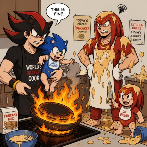 Sonic the Hedgehog, shadow as a human, knuckles the dread from sonic prime as a human, and sonic the hedgehog as a human baby, and knuckles the Echidna as a human baby in the kitchen human shadow is in the kitchen holding baby human sonic shadow is trying to make pancakes but the pan caught on fire  knuckles the dread from sonic prime as a human getting batter all over him, knuckles the Echidna as a baby human holding a knife 