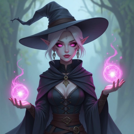  Female half Drow half tiefling short small frame high intelligence and high intimidation. Wizard class pale pink tiefling eyes 