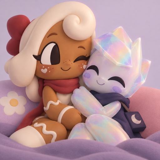 Ginger from Dandys world and my Dandys world oc and summer main Crafter the Opalite shard cuddling with each other 
