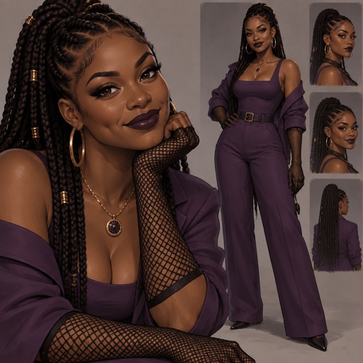 Female, African American, mother, braids, brown eyes, dimples, fish net gloves, purple, necklace, earrings, dark lipstick, 