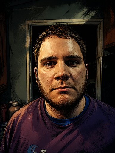 Stylized digital portrait of a person in a purple shirt, framed by a dark doorway.