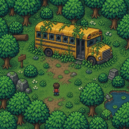 Abandoned school bus in the woods for a fantasy game set in modern times village, exterior, top down style