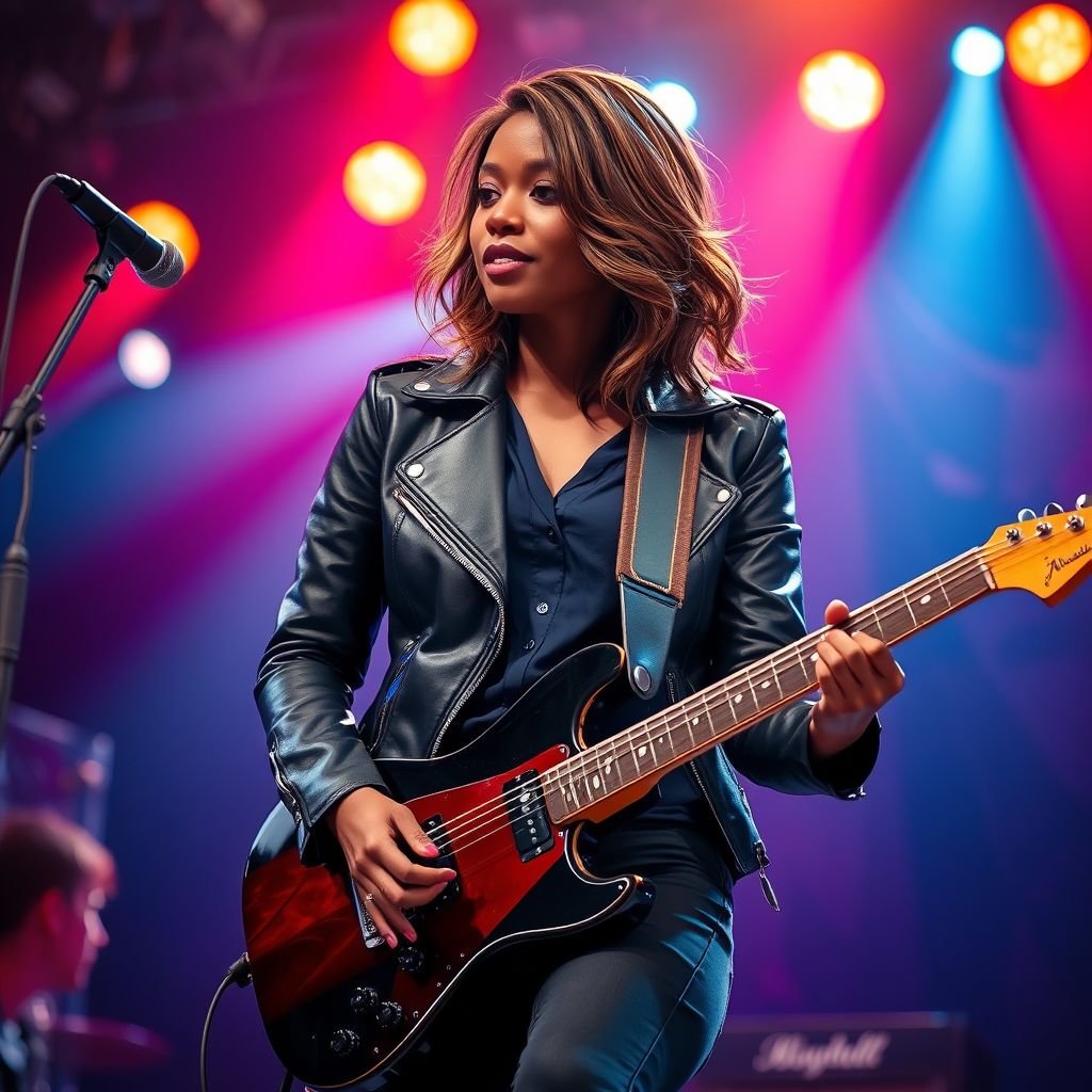 A teenage darker skinned African American woman with glasses shoulder length brown hair with highlights in a side part style wearing black leather jacket with blue accents black jeans a dark blue shirt on a stage playing a Flying V electric guitar with a band