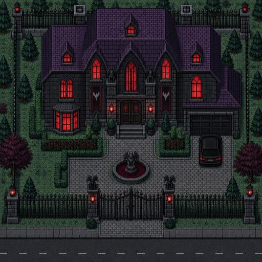 Vampire house for a fantasy game set in modern times, exterior, top-down style