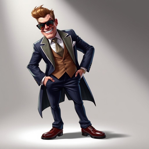 Create a funny arrogant character , showing him head to toe like his whole outfit
