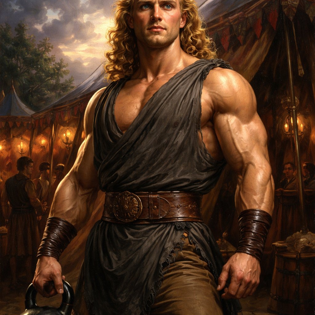 A tall well~proportioned male, so handsome he looks like a Greek god with muscles. With deep-set blue eyes and strong brows, and a peaceful but determined expression on his face. His hairstyle is a thick curly blonde mullet. He works at freak show as a strong man. His outfit consistsed of a Charcoal-toned sleeveless Greek tunic, thick leather belt, leather wristbands/cuffs, brown pants.