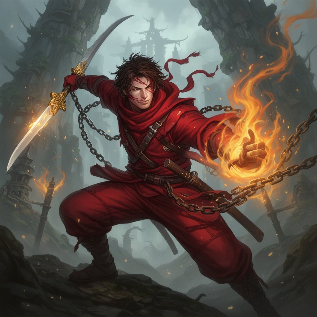 Ninja wearing red clothing and chains, scar over left eye with medium length tousled top haircut, holding a golden sword in one hand and a flame in the other