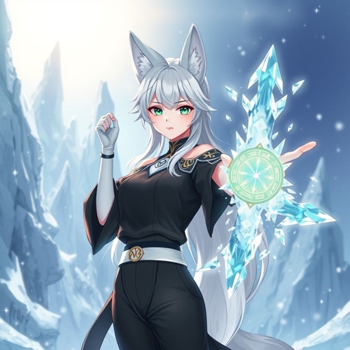 (Genshin Impact based) A pale teenage girl with a Cryo Vision wearing a royal black top and trousers with hair and small fox ears as white as snow with emerald eyes and conducting ice. She also has an ancient magical right arm