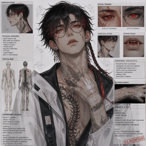 Anime male in his 20s part Asian part white,dark red streaks of black hair messy in a braid clean shaven wearing a loose jacket,is highly skilled,late 20s,tall,migraines,sarcastic ,red glowing eyes,one eye is damaged  serious face has been experiment on,hates people,has power,dangerous hates being told what to do, glasses,loves spiders,earrings tattoos,agrees to help people but on his terms or for a price hard to figure him out doesn’t remember anything from his past before the experiment,long scary fingers,spider fangs, trauma