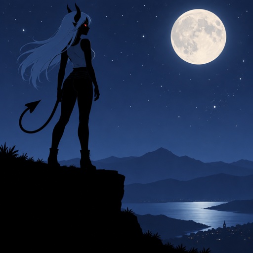 Demon girl, light Blue Long hair, red cat like eyes, light Blue top, dark blue Jeans, Demon Tail, Demon Horns, standing on a Cliff, Stars, Moon