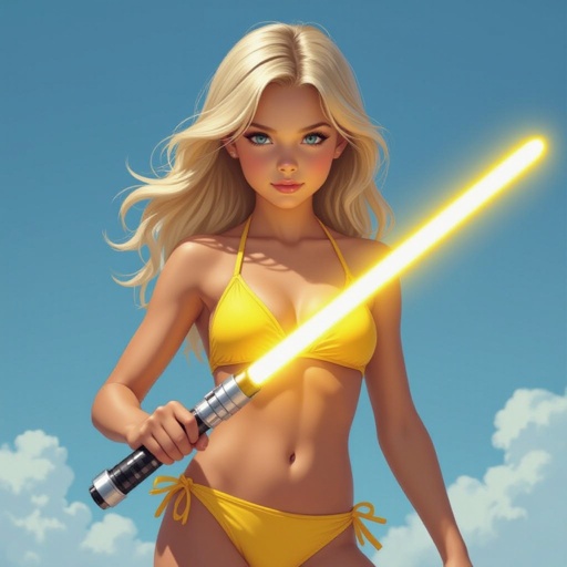 A blonde girl in a bikini wielding a yellow lightsaber 