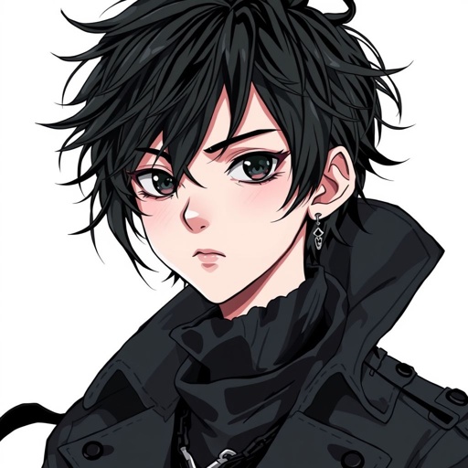 Create a teenage goth boy who has black hair, black eyes, pale skin and his attire is black. Negative Prompt: No Earrings.