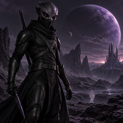 A alien in a futuristic black ninja Assassin space suite. On a dark purple planet background 