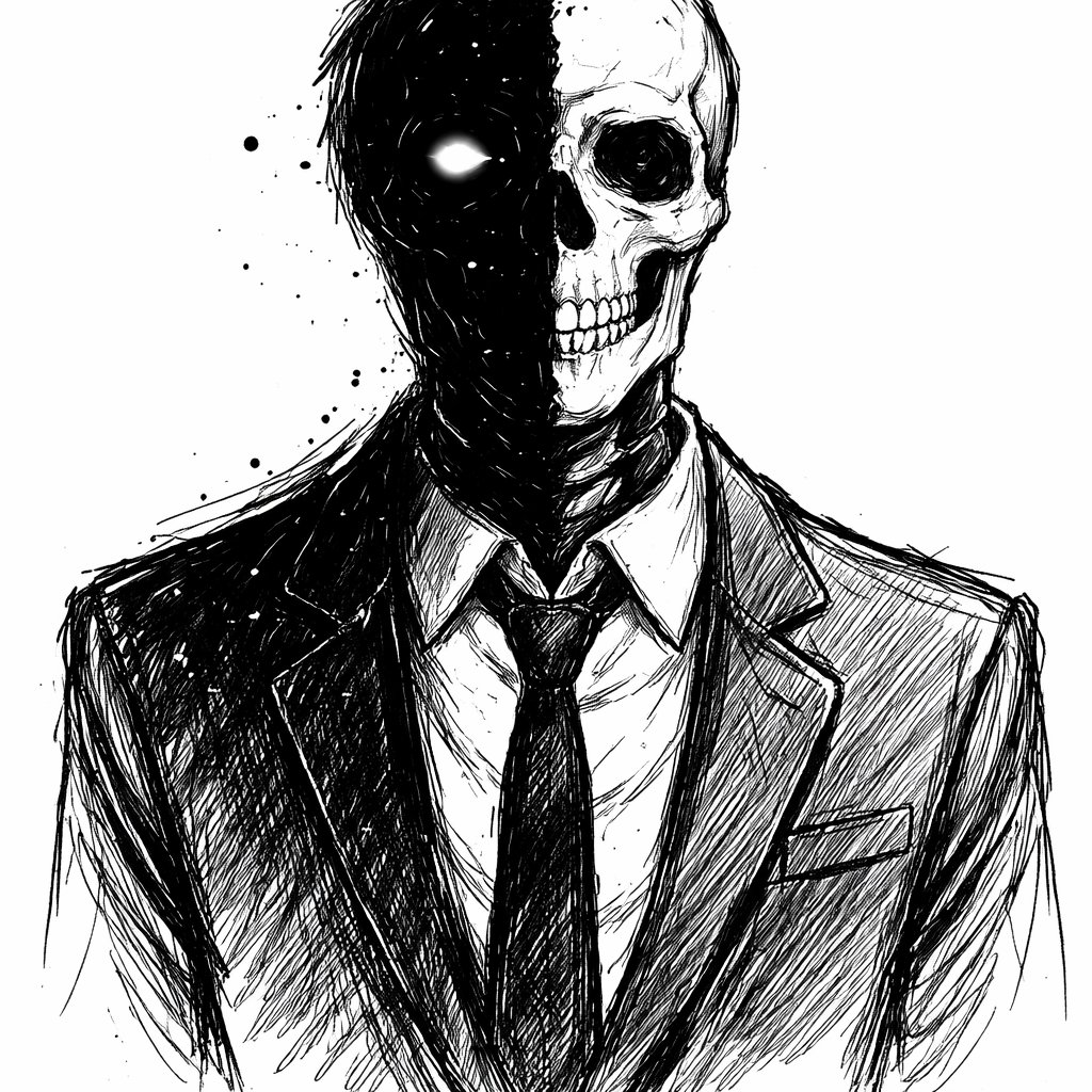 Half void person and skeleton with a suit